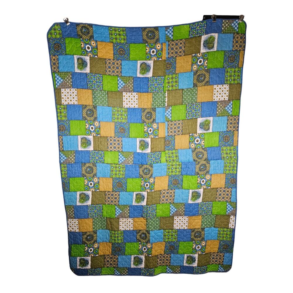 Quilted Throw Blanket‎ 70 x 50 Blues Browns Greens EUC